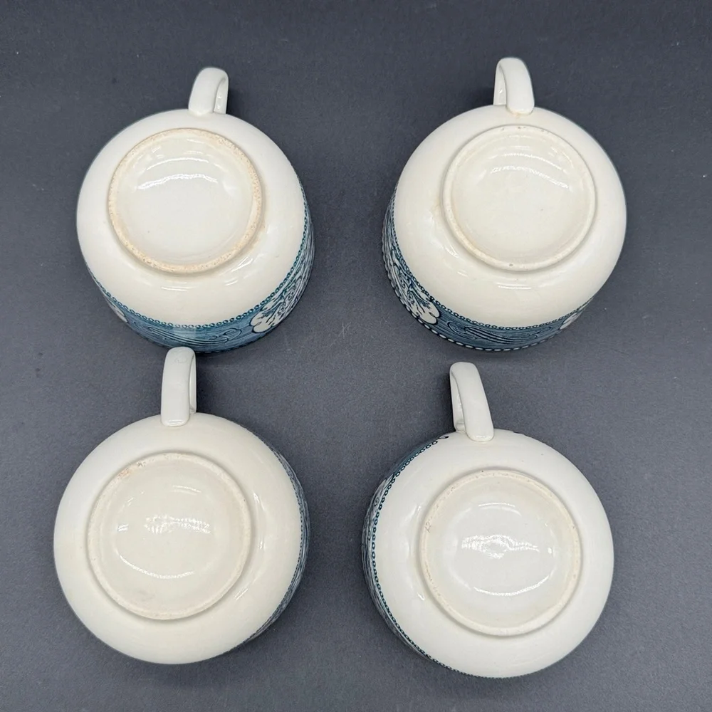 Currier & Ives Blue and Cream Ceramic Teacup Set